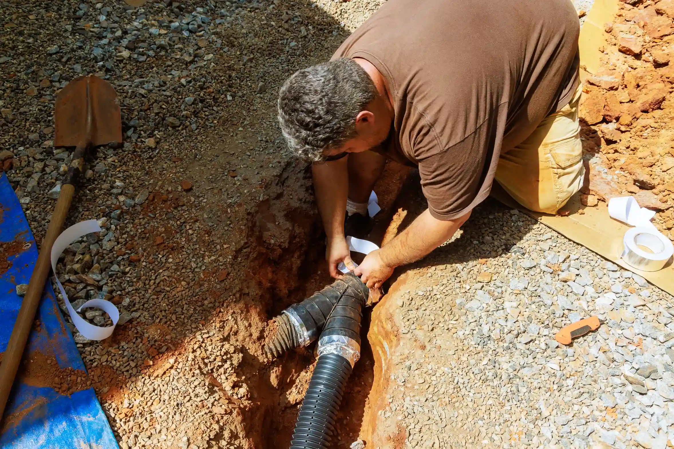 man installs black corrugated drain pipe in trench