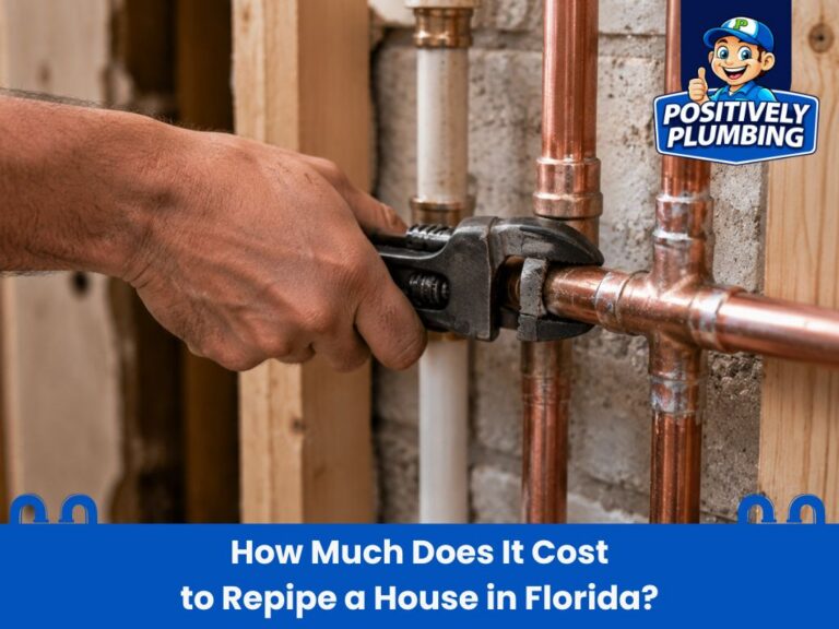 Professional plumber using a pipe wrench to repipe copper plumbing in a Florida home, illustrating repiping house costs and plumbing service.
