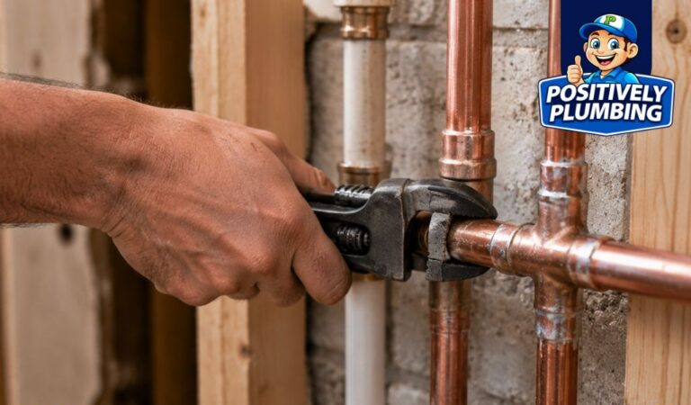 Professional plumber using a pipe wrench to repipe copper plumbing in a Florida home, illustrating repiping house costs and plumbing service.