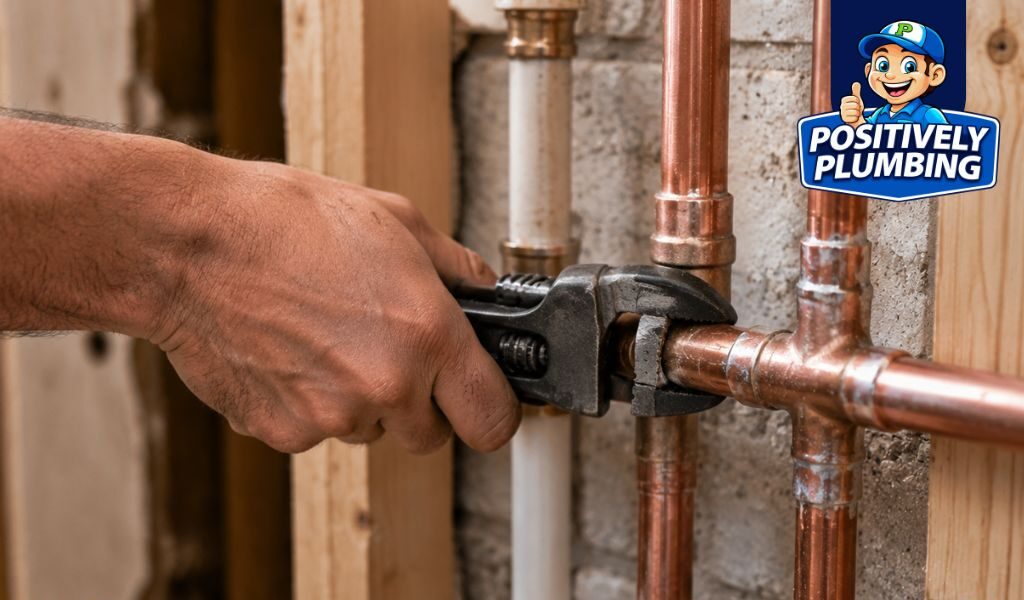 Professional plumber using a pipe wrench to repipe copper plumbing in a Florida home, illustrating repiping house costs and plumbing service.