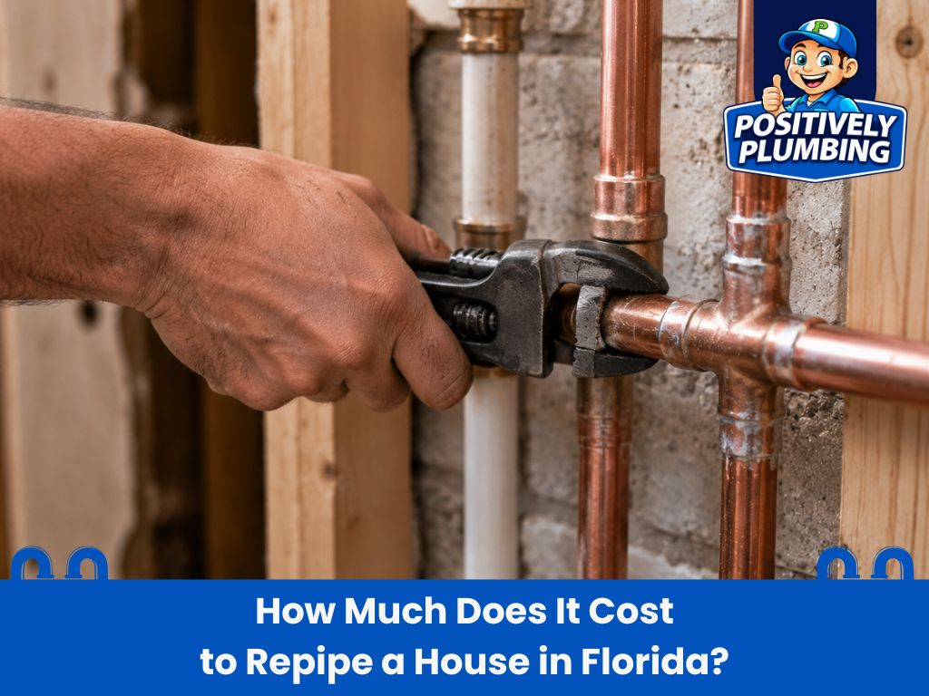 Professional plumber using a pipe wrench to repipe copper plumbing in a Florida home, illustrating repiping house costs and plumbing service.