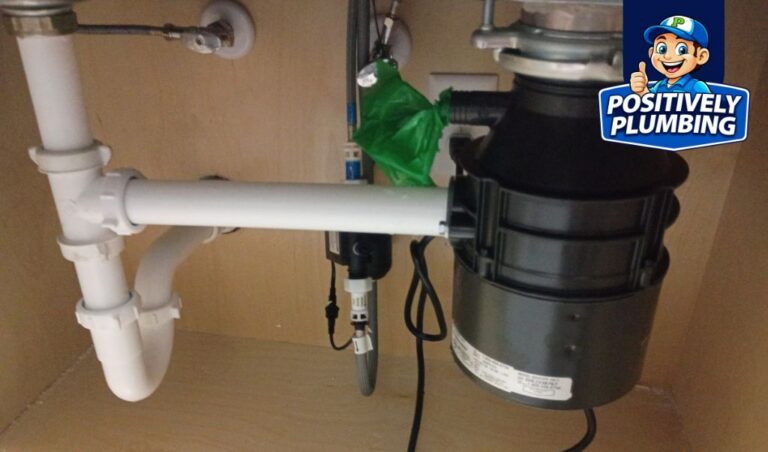 Garbage disposal unit installed under kitchen sink showing plumbing connections and power supply, illustrating garbage disposal replacement cost for homeowners by Positively Plumbing in Florida