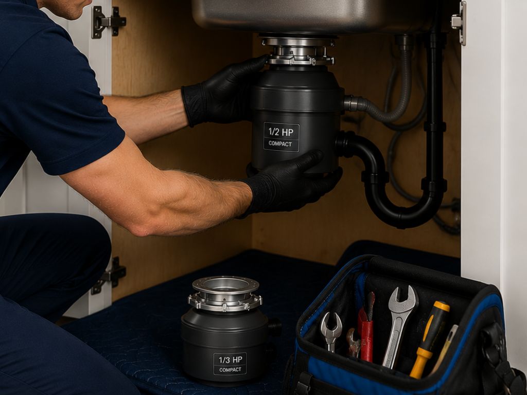 Toilet & faucet install Largo Professional plumber installing a 1/2 HP garbage disposal under kitchen sink with tools nearby, ensuring proper connection and functionality. Positively Plumbing branded technician performing residential garbage disposal replacement service in Florida.