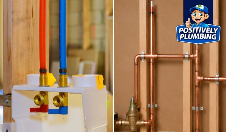 Side-by-side comparison of PEX vs copper piping in a home plumbing setup, illustrating the differences for residential water supply installations.