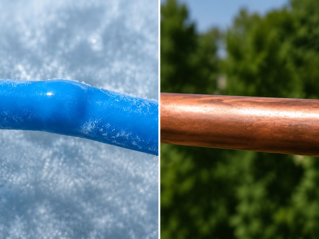 user-inserted Close-up comparison of PEX and copper pipes showing freeze damage on PEX and natural copper finish outdoors, illustrating durability and weather resistance differences for home plumbing.