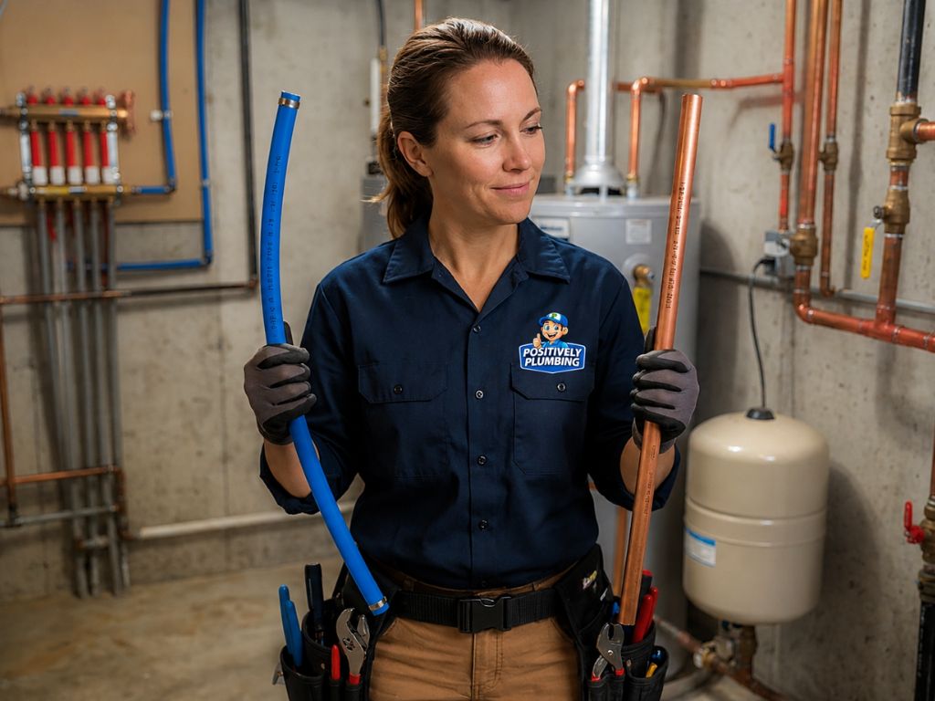 user-inserted Professional plumber from Positively Plumbing comparing PEX and copper pipes in a basement, helping homeowners choose the best plumbing material for durability and cost efficiency in Florida homes.