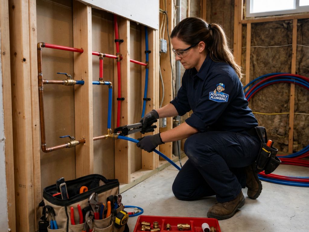 user-inserted Professional plumber installing PEX and copper pipes in a home plumbing system, demonstrating pipe connections and fittings for water distribution, using professional tools and wearing safety gloves and uniform.