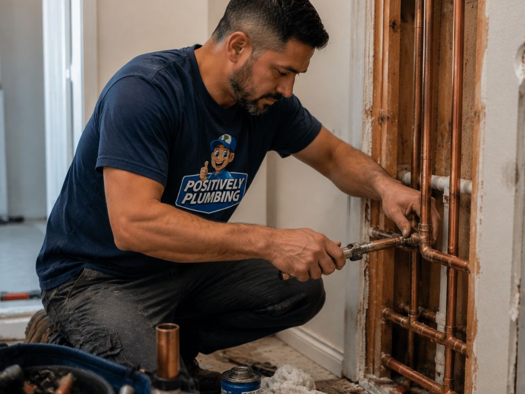 user-inserted Professional plumber from Positively Plumbing repiping copper pipes inside a Florida home, using a wrench to secure fittings for a residential water system upgrade.