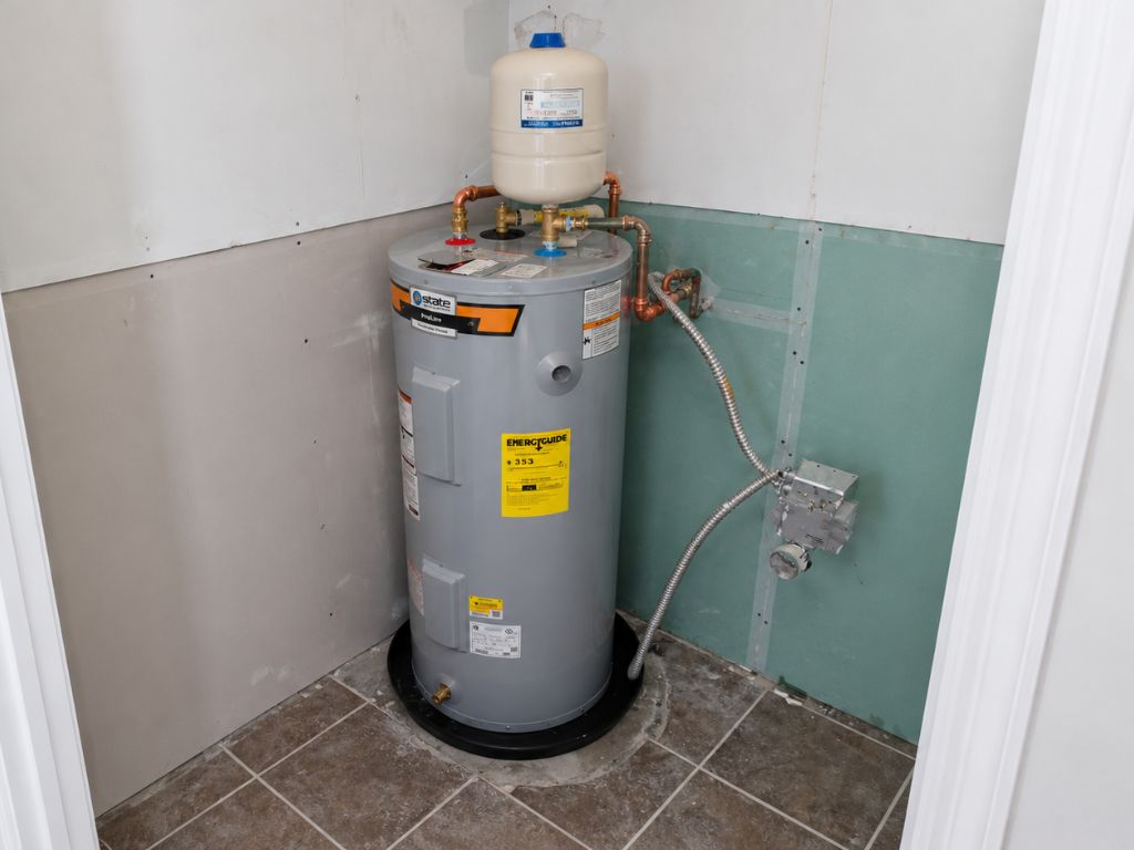user-inserted Tank water heater installed in a utility closet, showing plumbing connections, pressure tank, and energy guide label, highlighting residential water heating setup for homes.