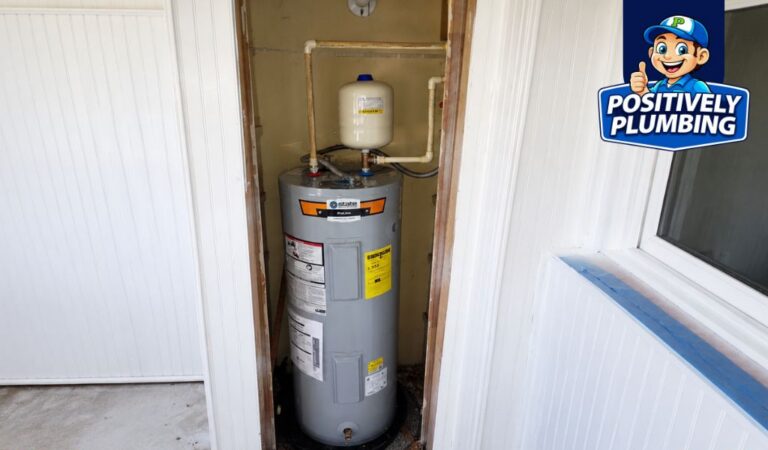 Tank-style water heater installed in home utility closet for comparison with tankless water heater, helping homeowners decide which system is best for their home’s hot water needs