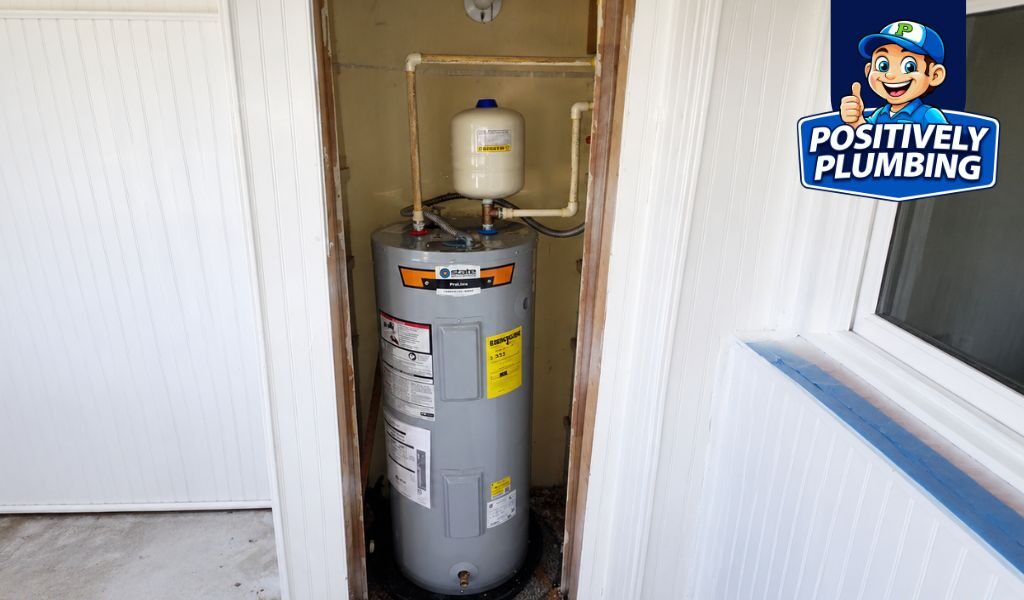 Tank-style water heater installed in home utility closet for comparison with tankless water heater, helping homeowners decide which system is best for their home’s hot water needs