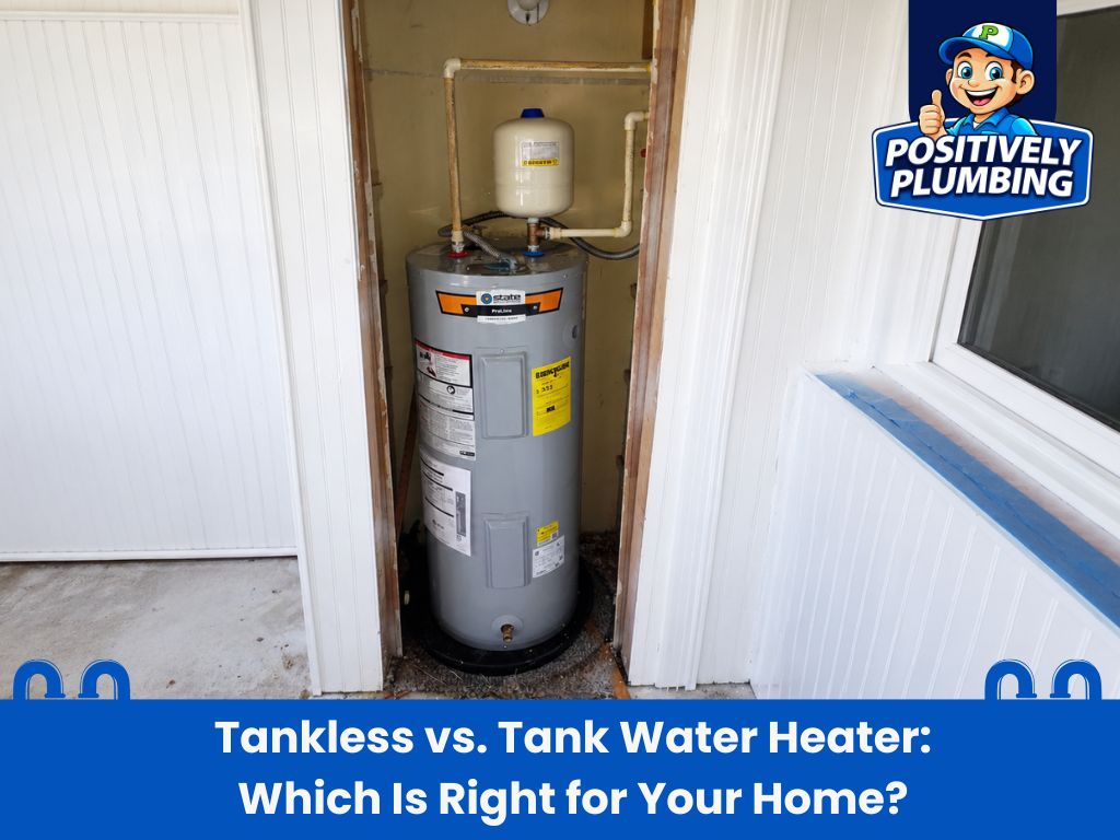 Tank-style water heater installed in home utility closet for comparison with tankless water heater, helping homeowners decide which system is best for their home’s hot water needs