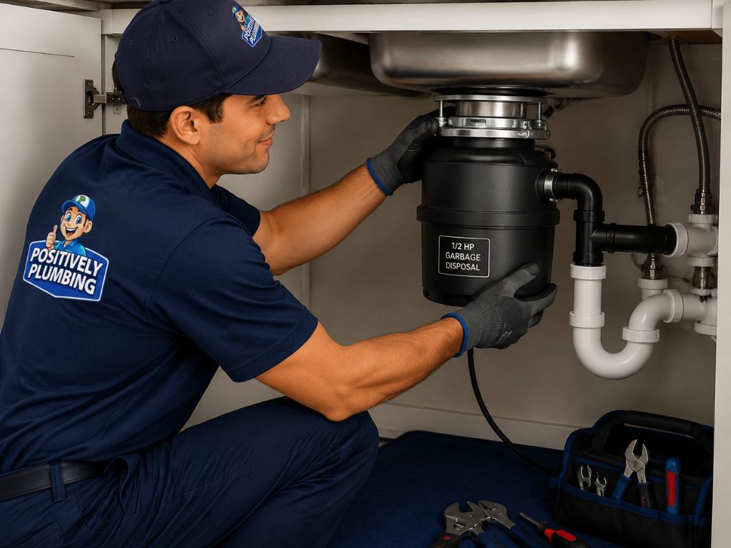 Technician installing a 1/2 HP garbage disposal under a kitchen sink, using professional tools and wearing a Positively Plumbing uniform, demonstrating safe and efficient replacement for homeowners