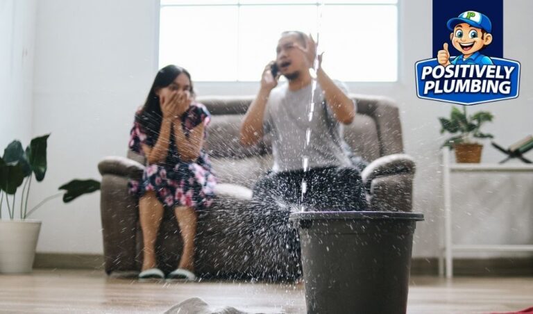 Burst pipe emergency causing water damage inside a home, with homeowners reacting to flooding while Positively Plumbing provides emergency plumbing services.
