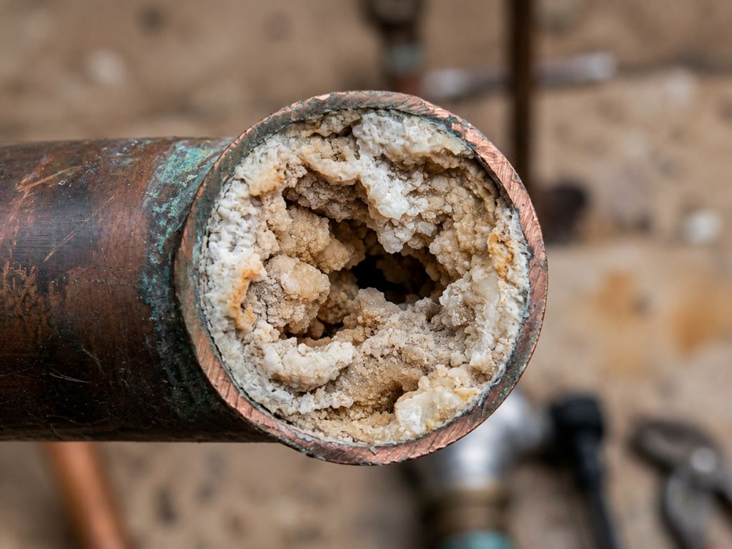 Close-up of a clogged copper pipe filled with hard water mineral buildup that can reduce water flow and cause plumbing problems.