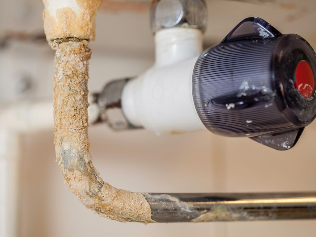 Corroded pipe with hard water mineral buildup near a shutoff valve, showing scale deposits that can cause leaks and plumbing issues.