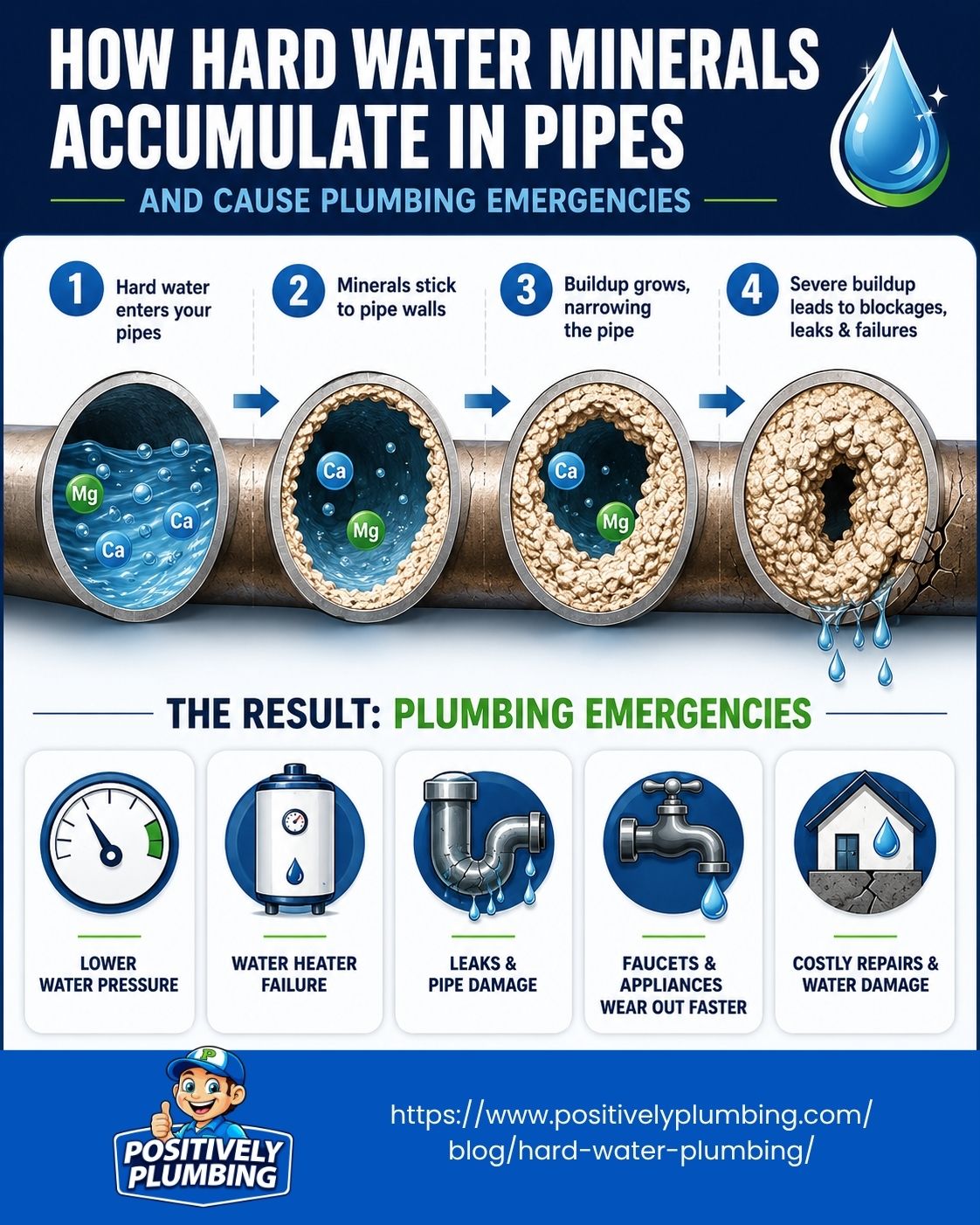 Infographic showing how hard water minerals build up in pipes, causing low water pressure, leaks, water heater failure, and plumbing emergencies.