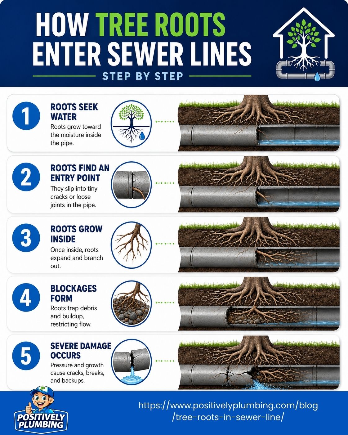 Infographic showing how tree roots enter sewer lines through cracks, grow inside pipes, form blockages, and cause severe sewer damage.