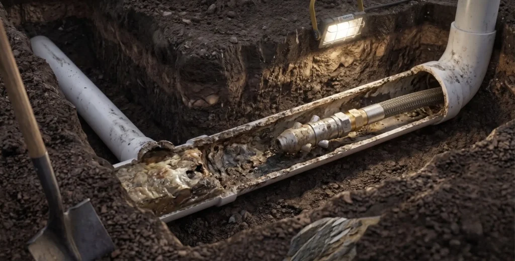 Professional Hydro Jetting Service Professional hydro jetting service clearing a severe grease and sludge clog inside an excavated underground residential PVC sewer line.