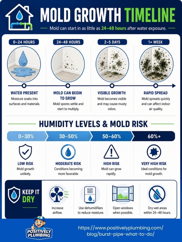 Infographic showing mold growth timeline after water damage, humidity risk levels, and tips to prevent mold after a burst pipe.