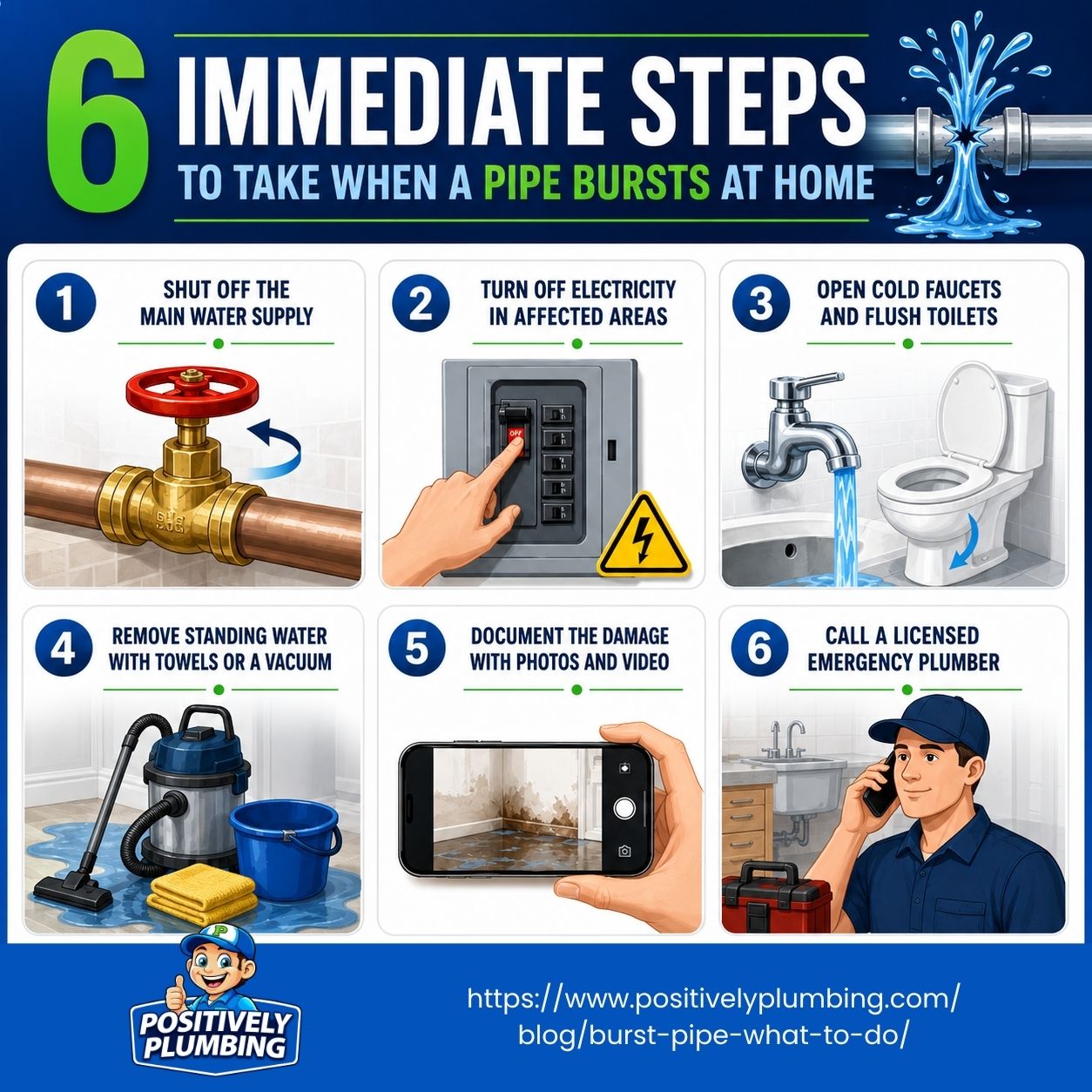 Infographic showing 6 immediate steps to take when a pipe bursts at home, from shutting off water to calling an emergency plumber.