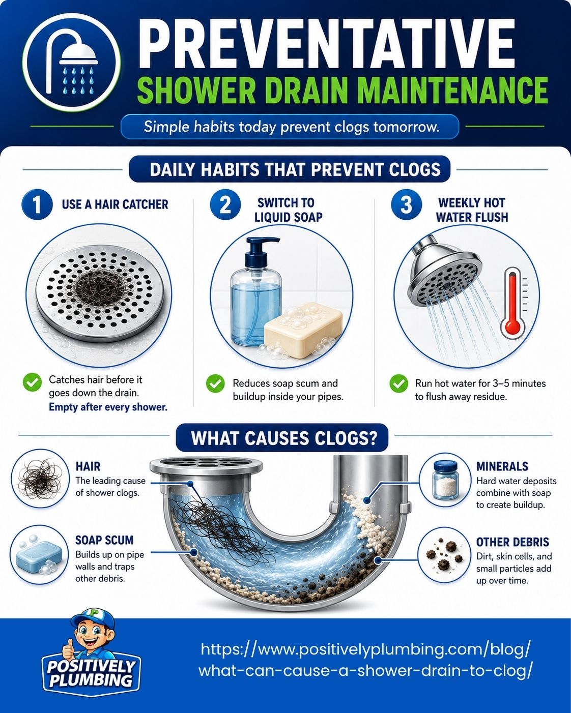Infographic showing preventive shower drain maintenance tips, including using a hair catcher, liquid soap, hot water flushes, and clog causes.
