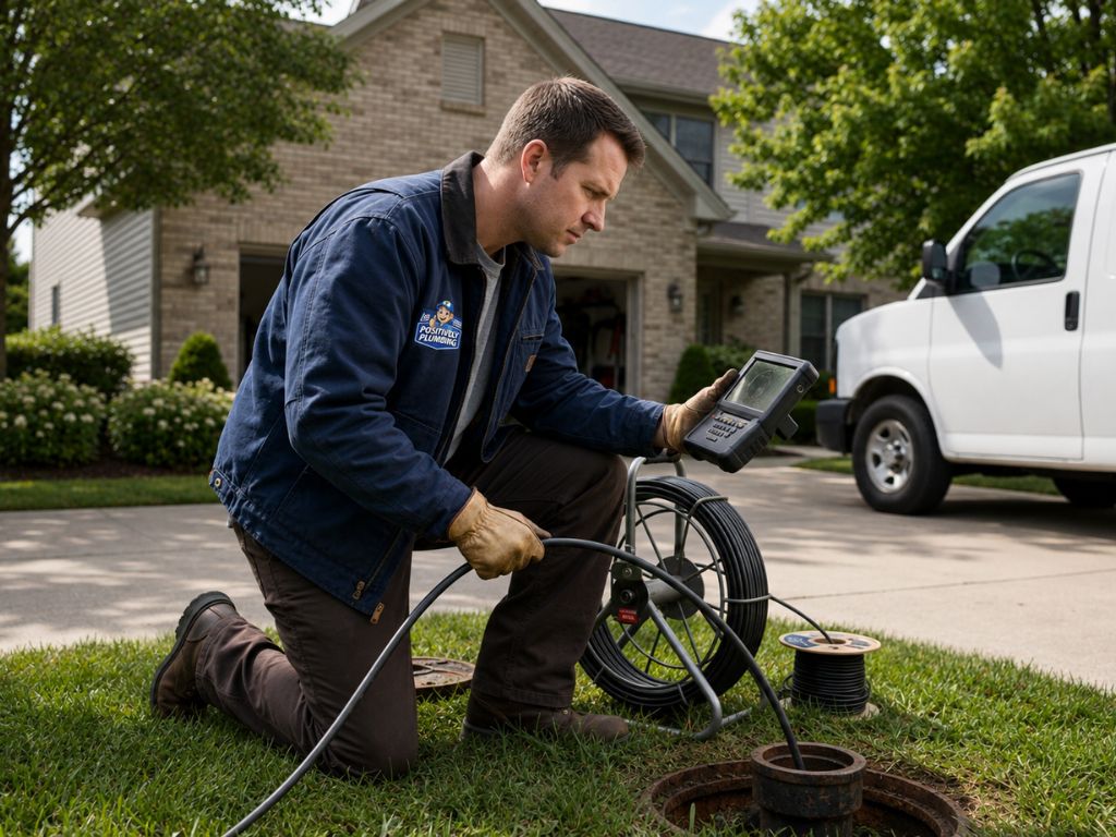 Sewer Camera Inspection Plumber performing a sewer camera inspection at a home to locate underground pipe clogs, root intrusion, and sewer line damage.