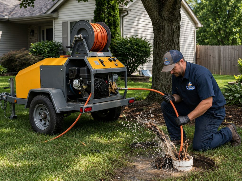 Plumber Hydro Jetting Plumber hydro jetting a sewer line through a yard cleanout to remove tree roots, clogs, and debris from underground pipes.