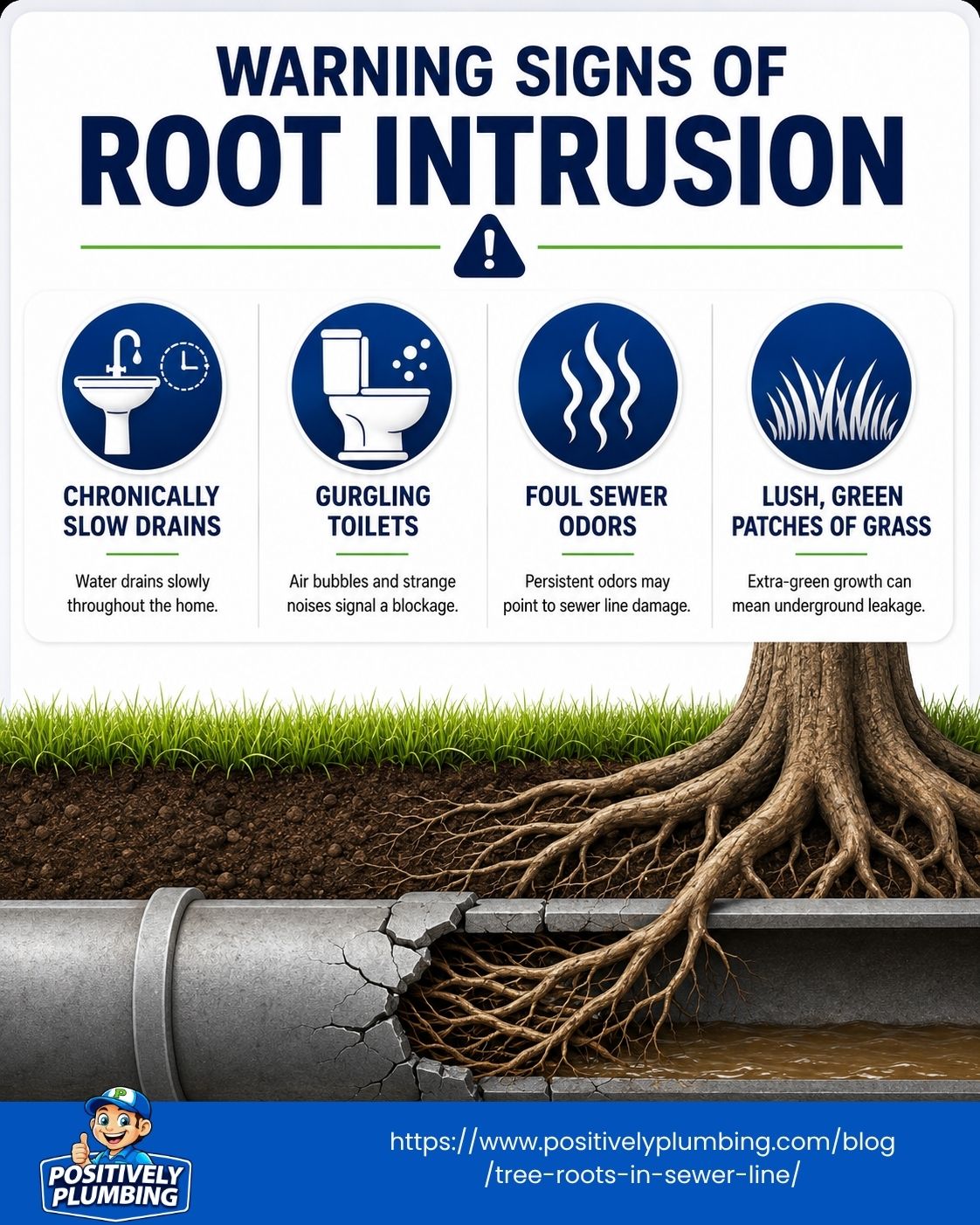 Infographic showing warning signs of sewer root intrusion, including slow drains, gurgling toilets, sewer odors, and lush grass patches.