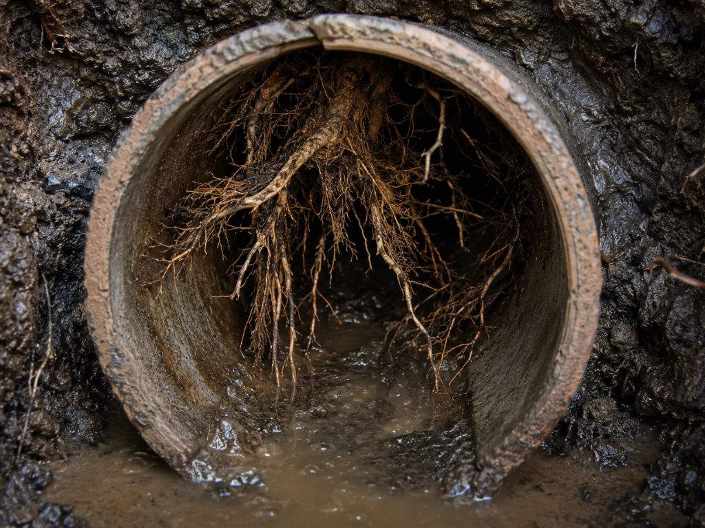 Close-up of tree roots growing inside a sewer pipe, causing root intrusion, clogged sewer lines, backups, and plumbing repair needs.