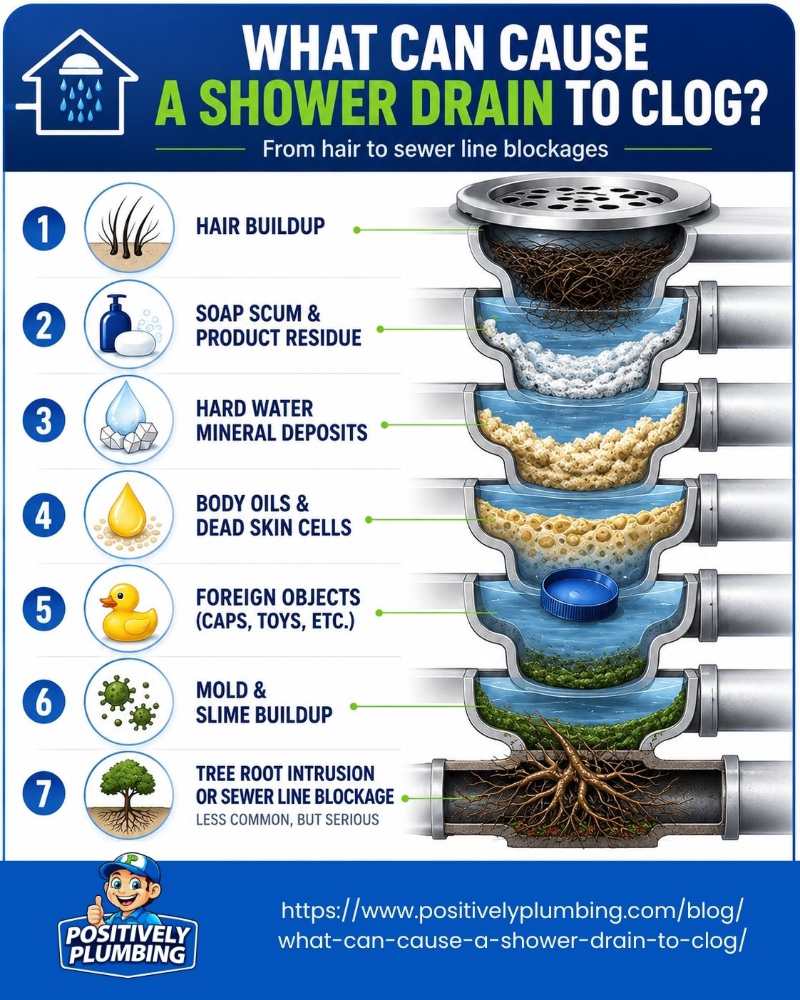 Infographic showing common shower drain clog causes, including hair, soap scum, hard water minerals, mold, foreign objects, and sewer line blockages.