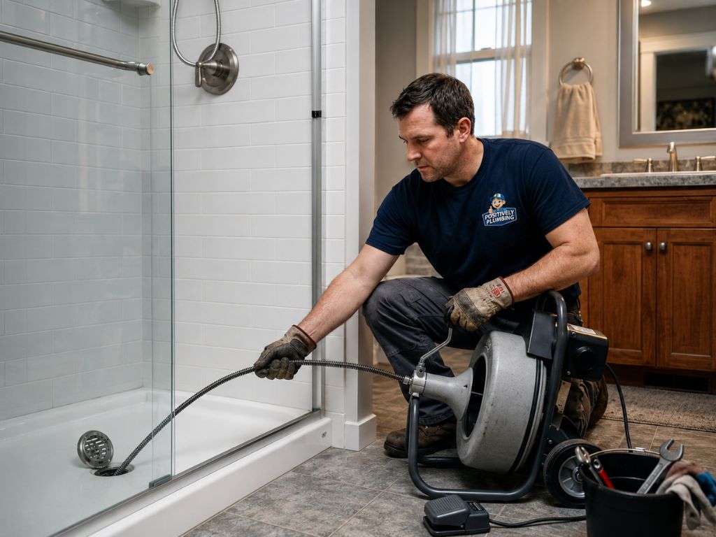 Plumber using a drain snake to clear a clogged shower drain, restoring water flow in a bathroom.