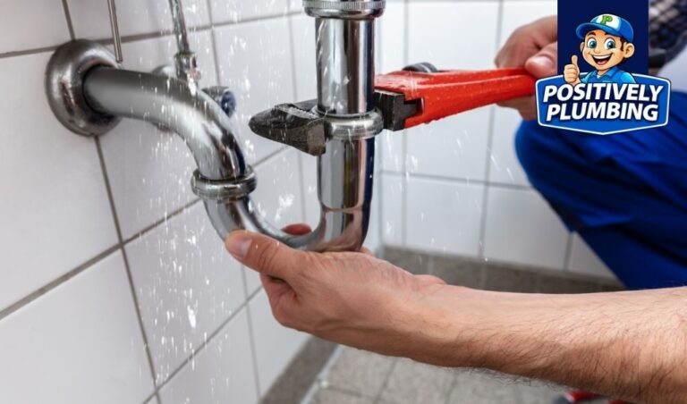 Plumber using a wrench to fix a leaking pipe while water sprays.