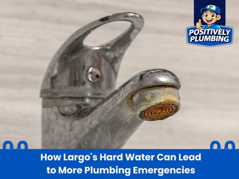 Close-up of hard water buildup on a faucet, showing mineral deposits that can lead to plumbing emergencies in Largo homes.