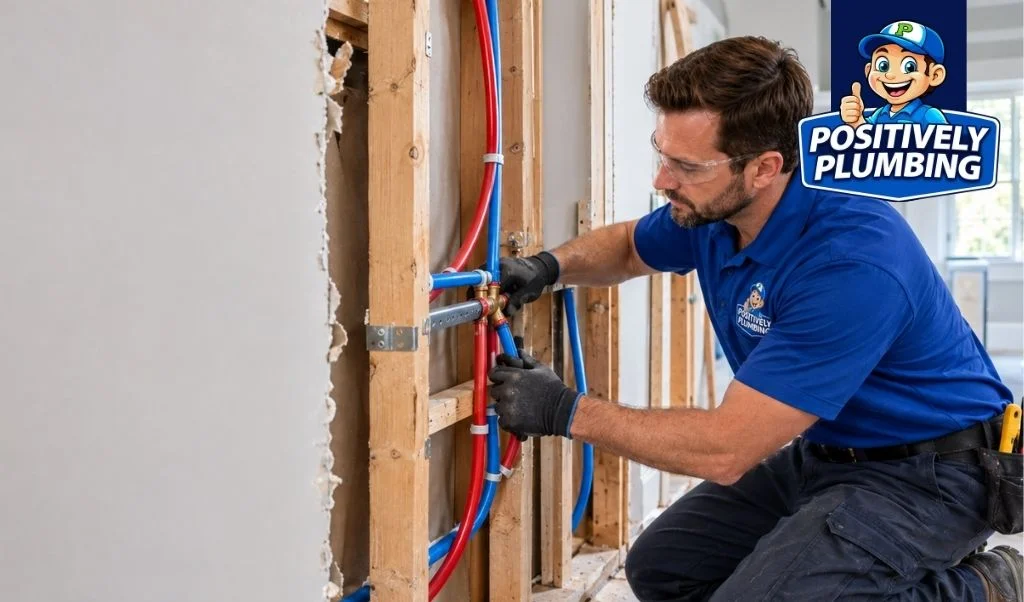 PEX pipe being installed in a wall during a whole-home repipe.