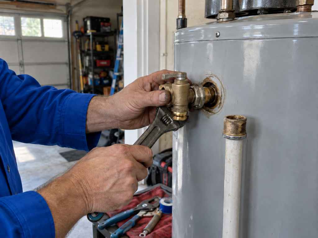 Plumber using a wrench to replace a water heater relief valve.