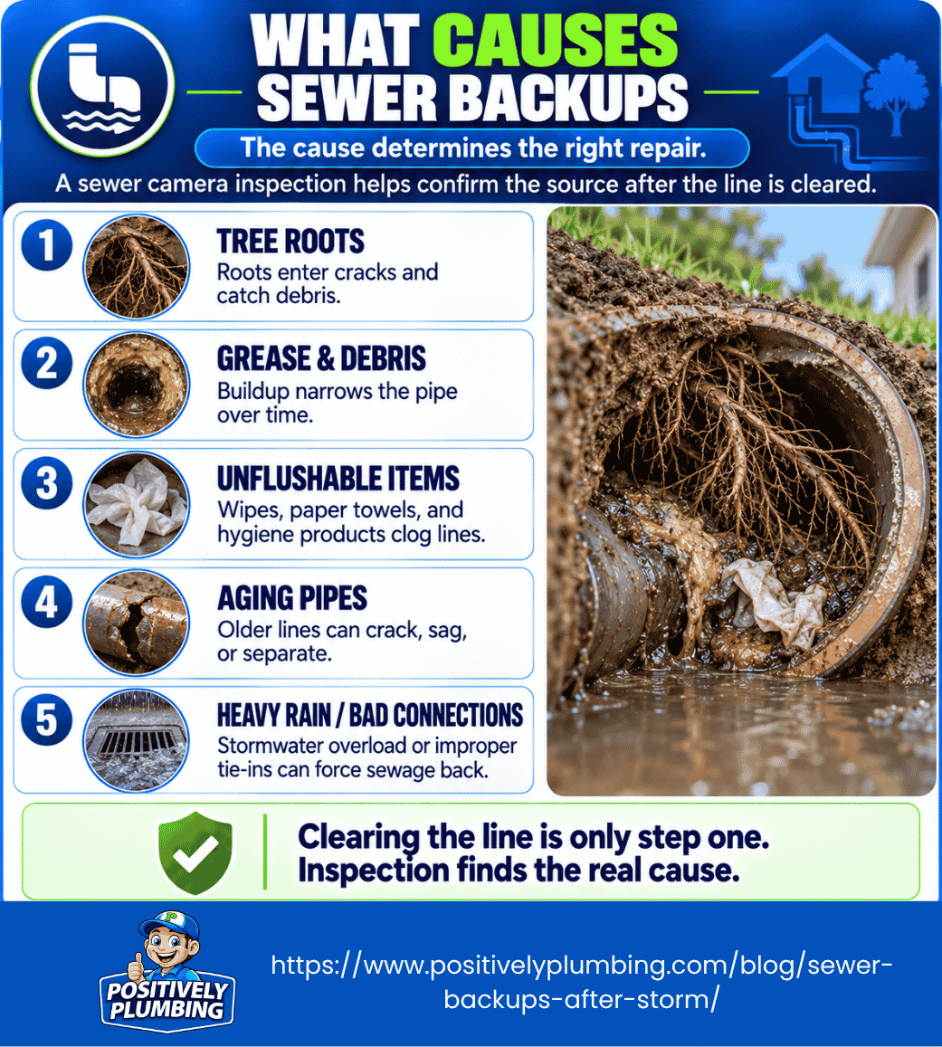 Infographic listing the primary causes of sewer backups including tree roots, grease, wipes, aging pipes, and heavy rain.