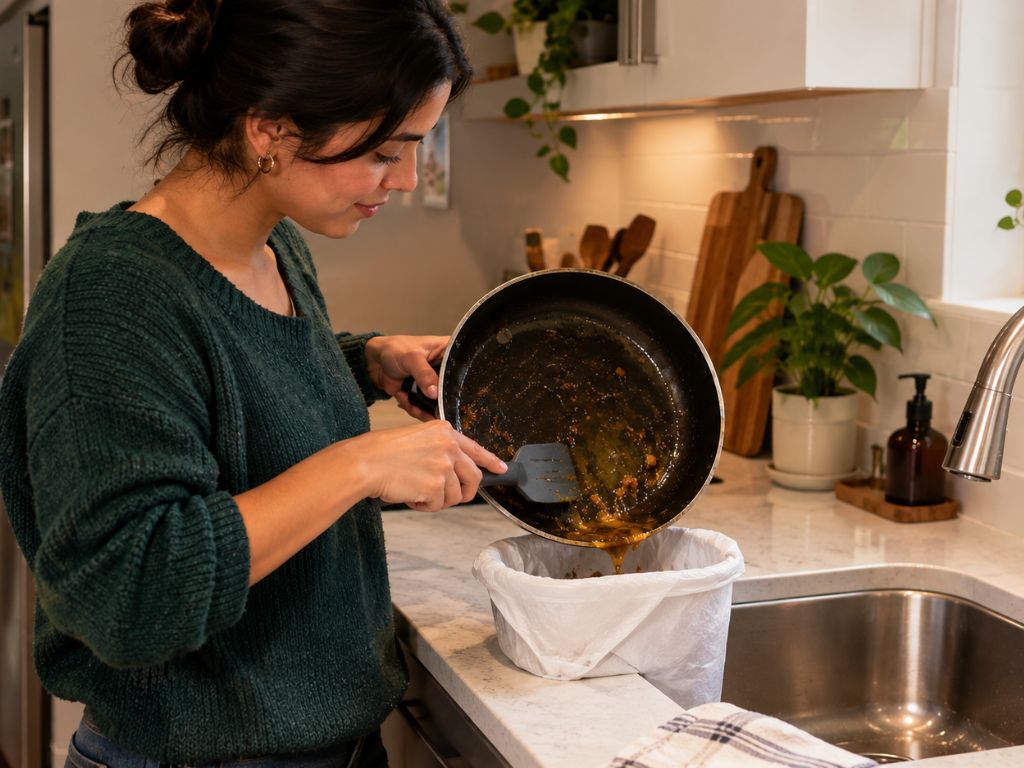 Woman scraping cooking grease and food scraps into a trash can before washing a pan.